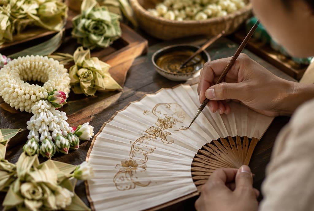 Hands painting a traditional Thai paper fan beside jasmine garlands