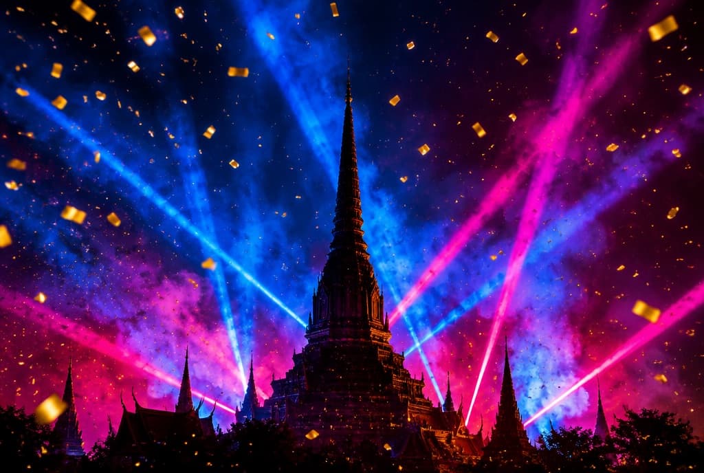 A temple spire lit by blue and pink festival lights