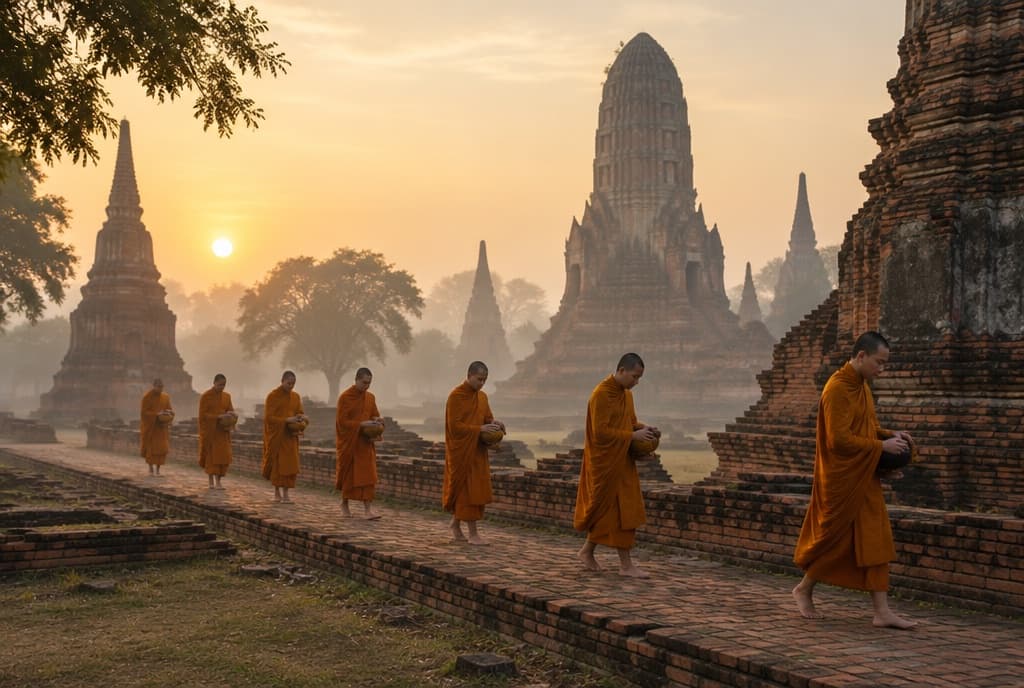 Monks in saffron robes walking past temple ruins at dawn