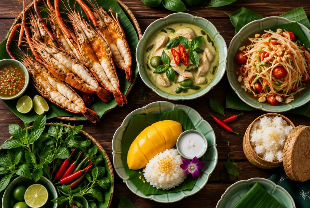 A spread of Thai dishes on banana leaves